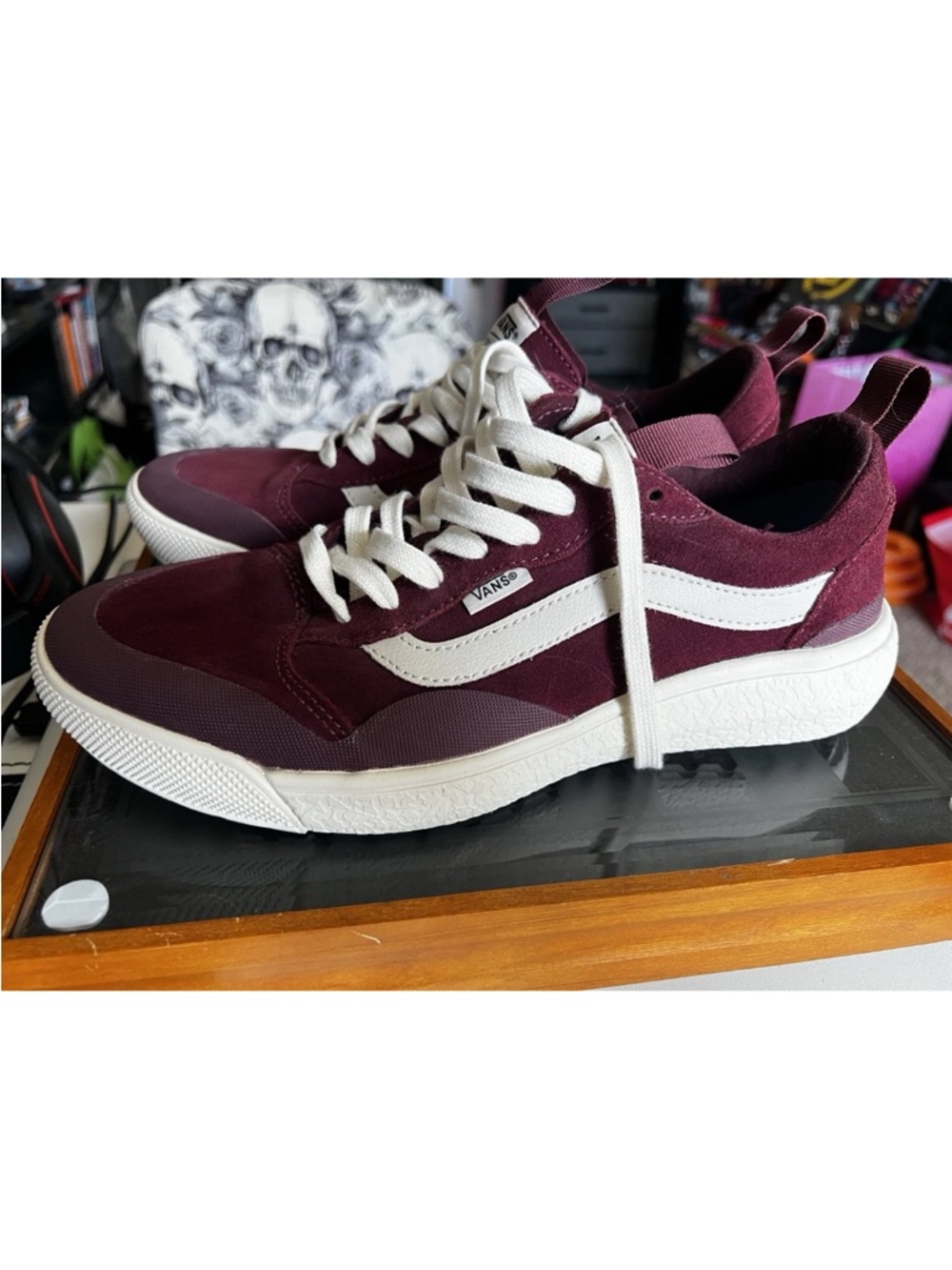 Vans Maroon Suede Low-Top Sneakers with White Stripe - UltraRange